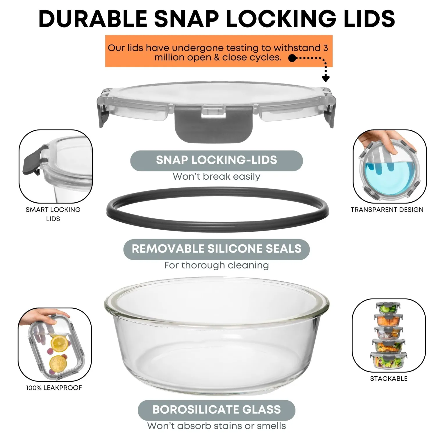 Razab 30 PC Glass Food Storage Containers with Lids - Reusable Glass Meal Prep Containers for Lunch and Leftovers - Airtight & Leakproof Snap Locking Lids - Oven, Freezer, Microwave & Dishwasher Safe