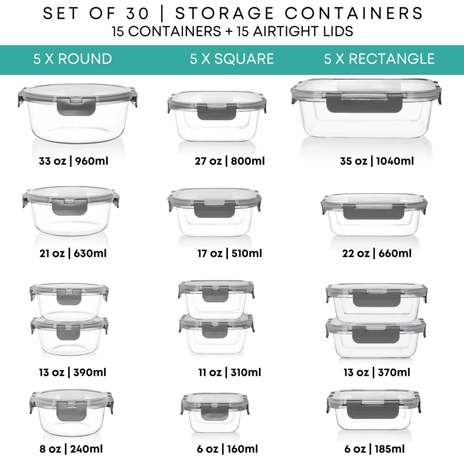 Razab 30 PC Glass Food Storage Containers with Lids - Reusable Glass Meal Prep Containers for Lunch and Leftovers - Airtight & Leakproof Snap Locking Lids - Oven, Freezer, Microwave & Dishwasher Safe