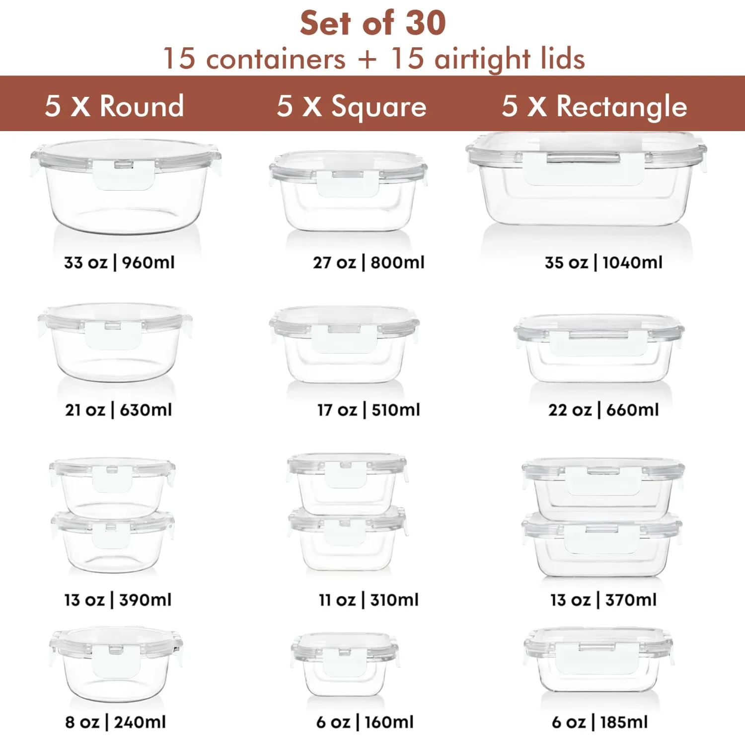 Razab 30 PC Glass Food Storage Containers with Lids - Reusable Glass Meal Prep Containers for Lunch and Leftovers - Airtight & Leakproof Snap Locking Lids - Oven, Freezer, Microwave, Dishwasher Safe