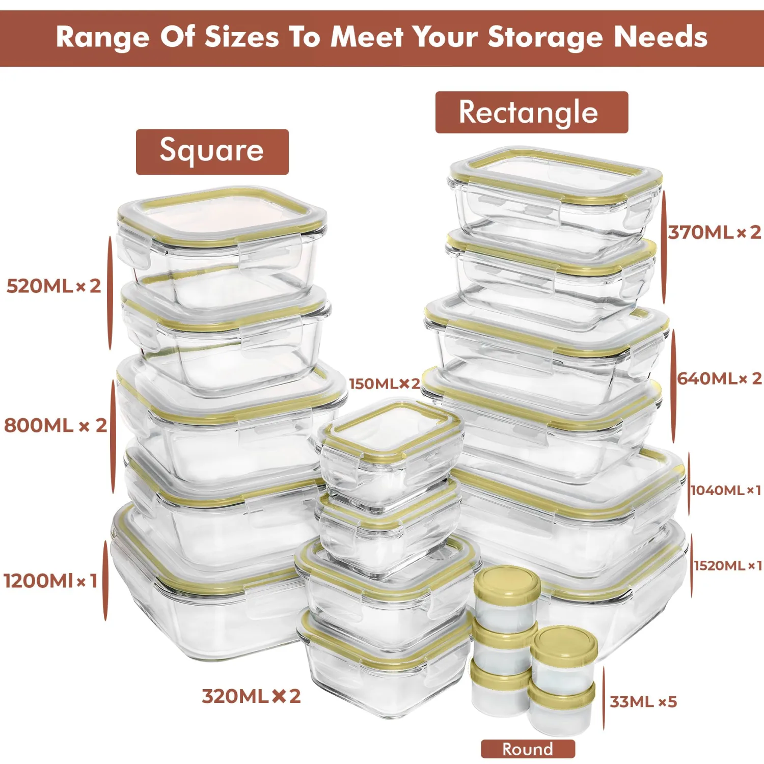 Razab 35 Pc Set Glass Food Storage Containers with Lids - Meal Prep Airtight Bento Boxes BPA-Free 100% Leak Proof (15 lids,15 glass & 5 Plastic Sauce/Dip Containers)