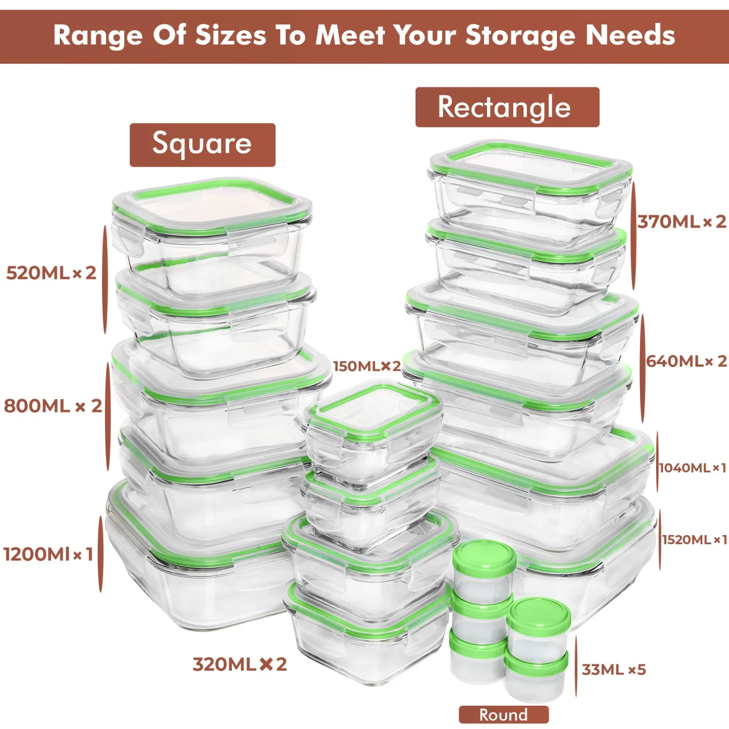 Razab 35 Pc Set Glass Food Storage Containers with Lids - Meal Prep Airtight Bento Boxes BPA-Free 100% Leak Proof (15 lids,15 glass & 5 Plastic Sauce/Dip Containers)