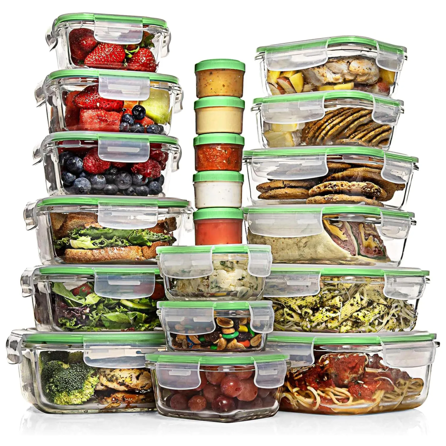 Razab 35 Pc Set Glass Food Storage Containers with Lids - Meal Prep Airtight Bento Boxes BPA-Free 100% Leak Proof (15 lids,15 glass & 5 Plastic Sauce/Dip Containers)