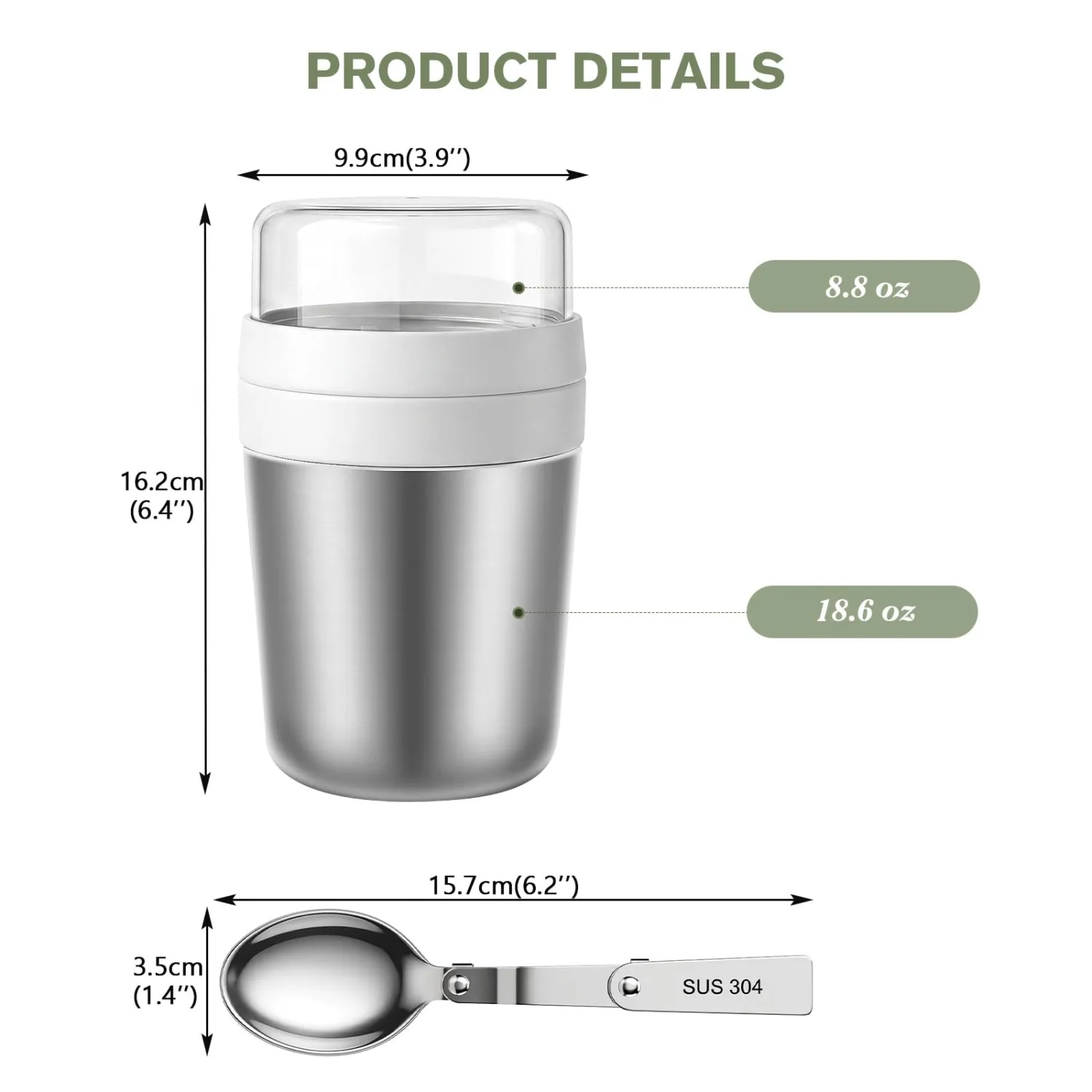 Greentainer Overnight Oats Container with Lid and Spoon, 26 oz (18+8) Stainless Steel Yogurt Parfait Cup with Topping Compartment, Leak-Proof Food Jar for Chia Pudding, Granola, Snack