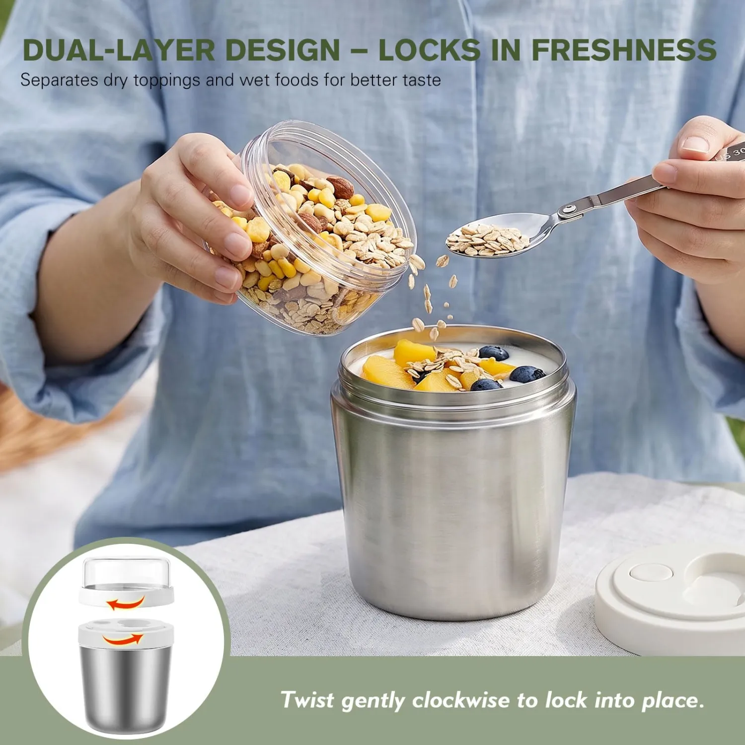 Greentainer Overnight Oats Container with Lid and Spoon, 26 oz (18+8) Stainless Steel Yogurt Parfait Cup with Topping Compartment, Leak-Proof Food Jar for Chia Pudding, Granola, Snack
