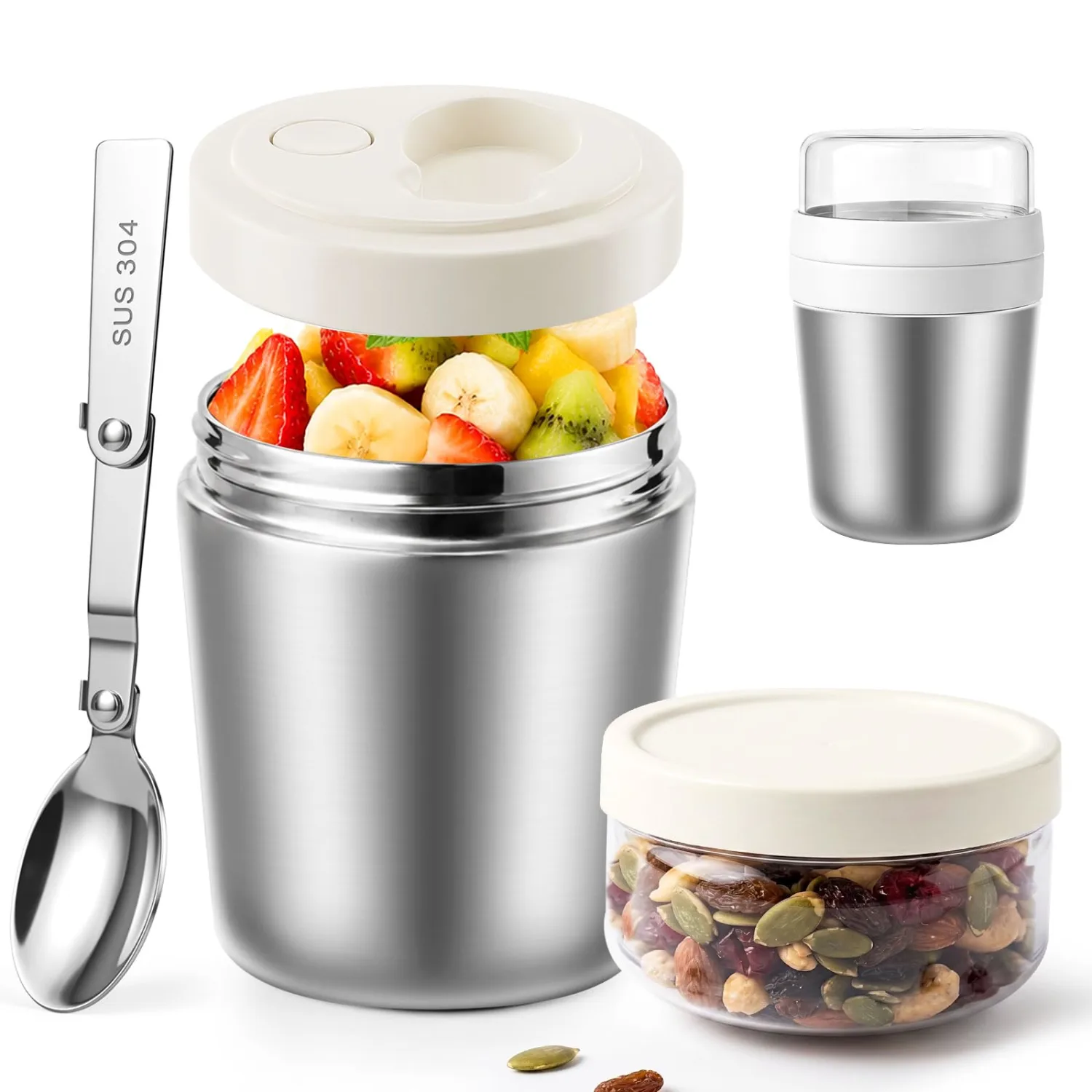 Greentainer Overnight Oats Container with Lid and Spoon, 26 oz (18+8) Stainless Steel Yogurt Parfait Cup with Topping Compartment, Leak-Proof Food Jar for Chia Pudding, Granola, Snack