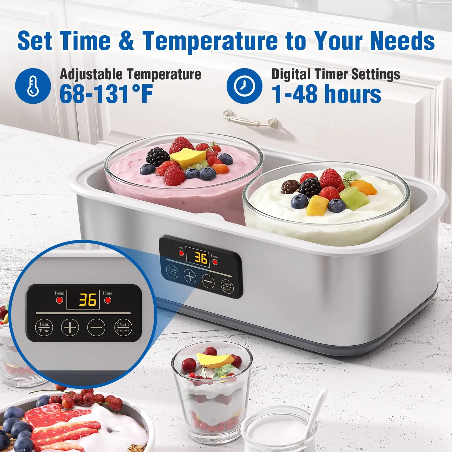 Yogurt Maker with Adjustable Time and Temp Control, Yogurt Maker Machine with Automatic Shut-Off & Constant Temper for Homemade Probiotic, Greek Yogurt, BPA-Free