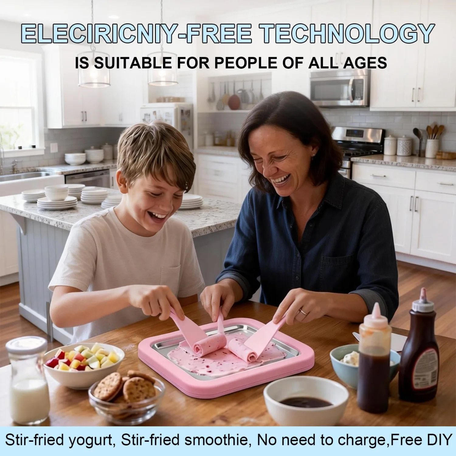 Rolled Ice Cream Maker Kit, DIY Ice Cream Roll Tray with 2 Scrapers, No Electricity Required, Stainless Steel Freezing Plate for Rolled Ice Cream, Frozen Yogurt, Sorbet (White)