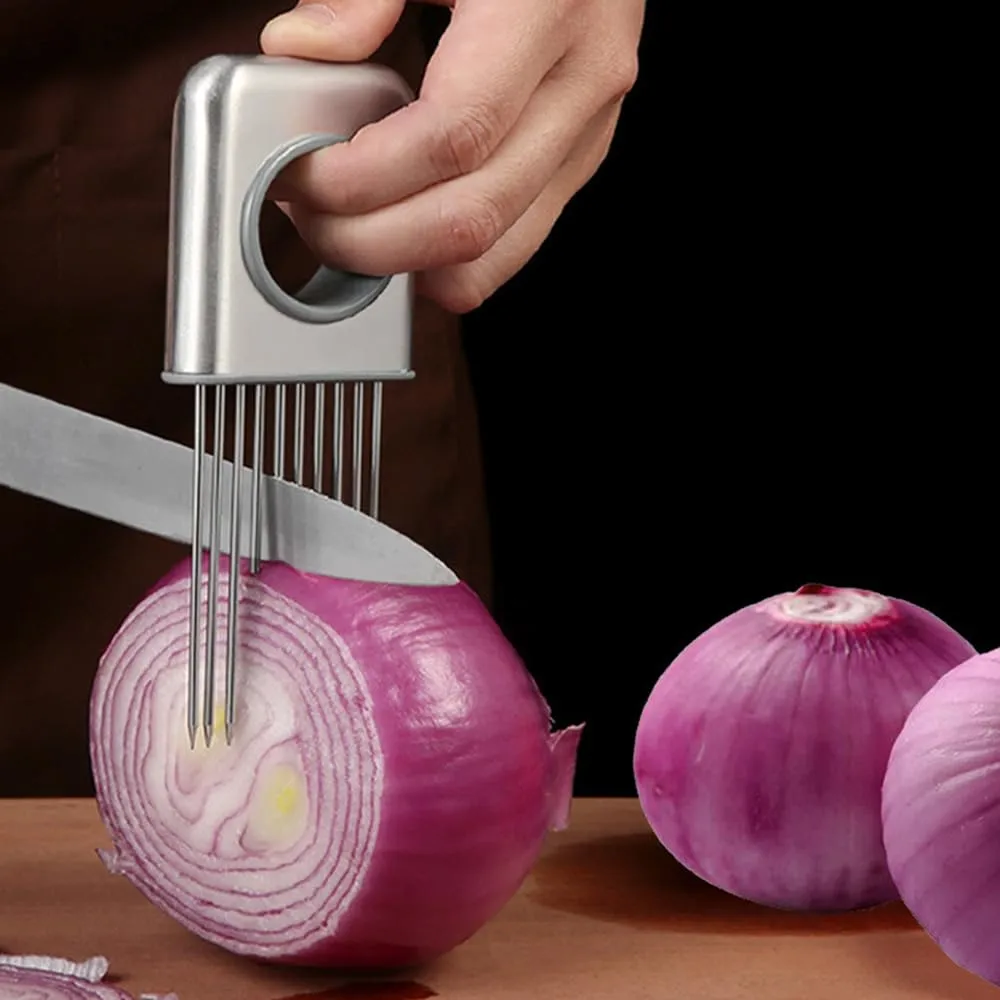 Onion Slice Holder, 2026 New Stainless Steel Onion Holder for Slicing Vegetable Slicer Cutter for Potato and Tomato, Kitchen Chopper Slicing Assistant Tool Lemon Slicer Onion Cutter (1PC)