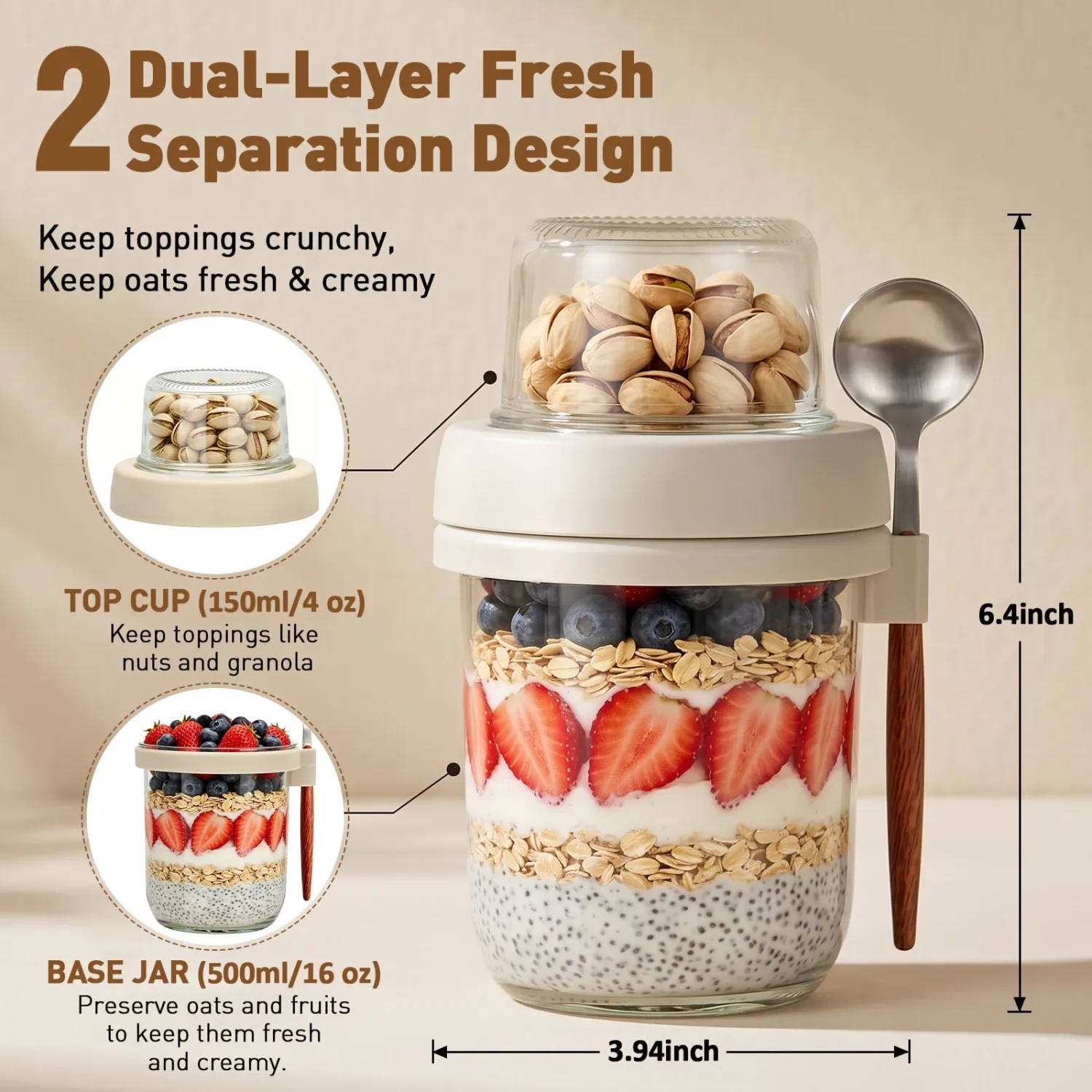 4 Pack Overnight Oats Containers with Lids, 20 oz (16+4) Overnight Oats Jars Glass Mason Jars with Dry and Wet Separation, Yogurt Containers with Lids for Oatmeal Salad Yogurt, Parfait Cups with Lids