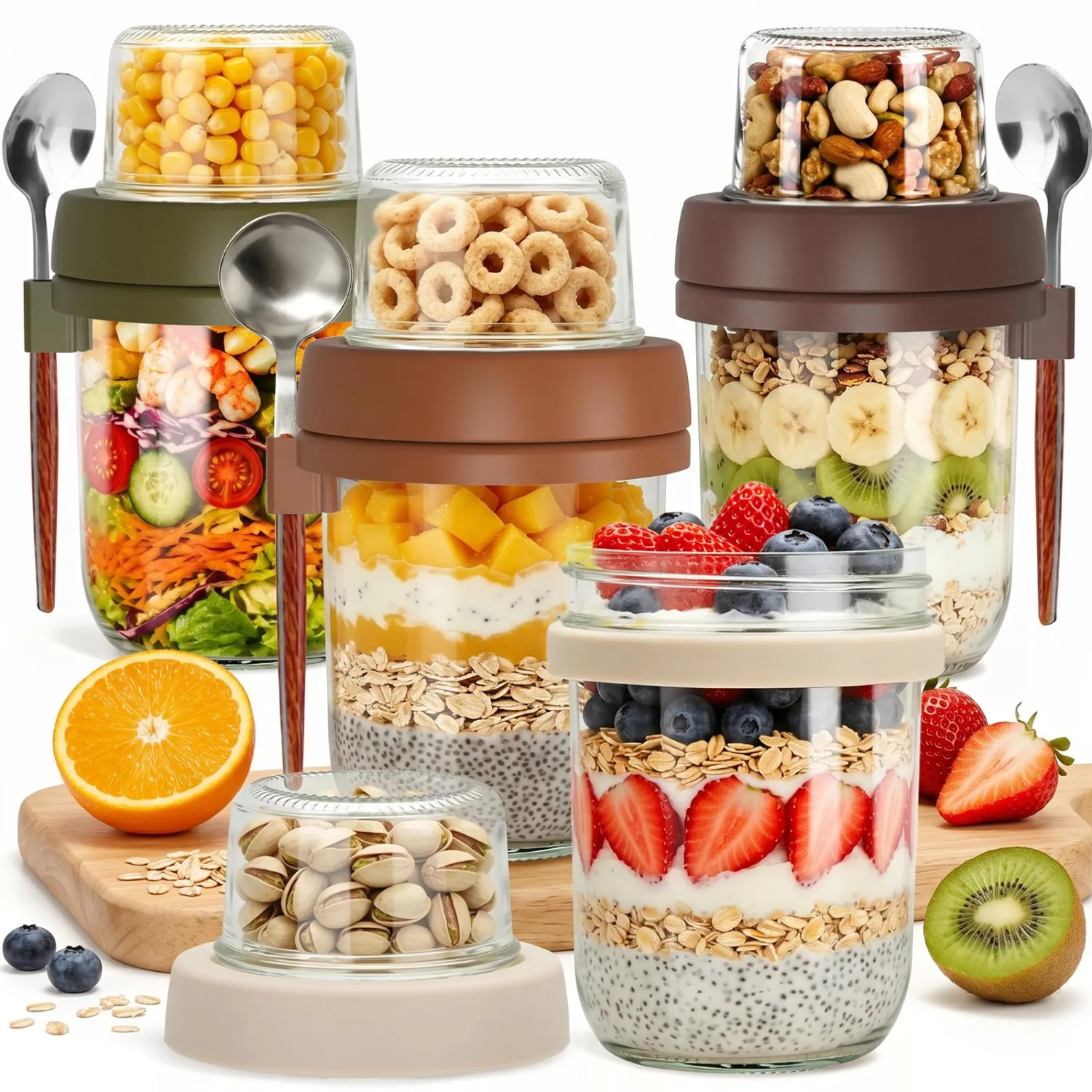 4 Pack Overnight Oats Containers with Lids, 20 oz (16+4) Overnight Oats Jars Glass Mason Jars with Dry and Wet Separation, Yogurt Containers with Lids for Oatmeal Salad Yogurt, Parfait Cups with Lids