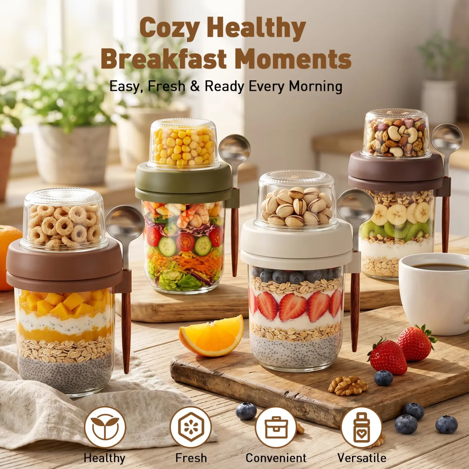 4 Pack Overnight Oats Containers with Lids, 20 oz (16+4) Overnight Oats Jars Glass Mason Jars with Dry and Wet Separation, Yogurt Containers with Lids for Oatmeal Salad Yogurt, Parfait Cups with Lids