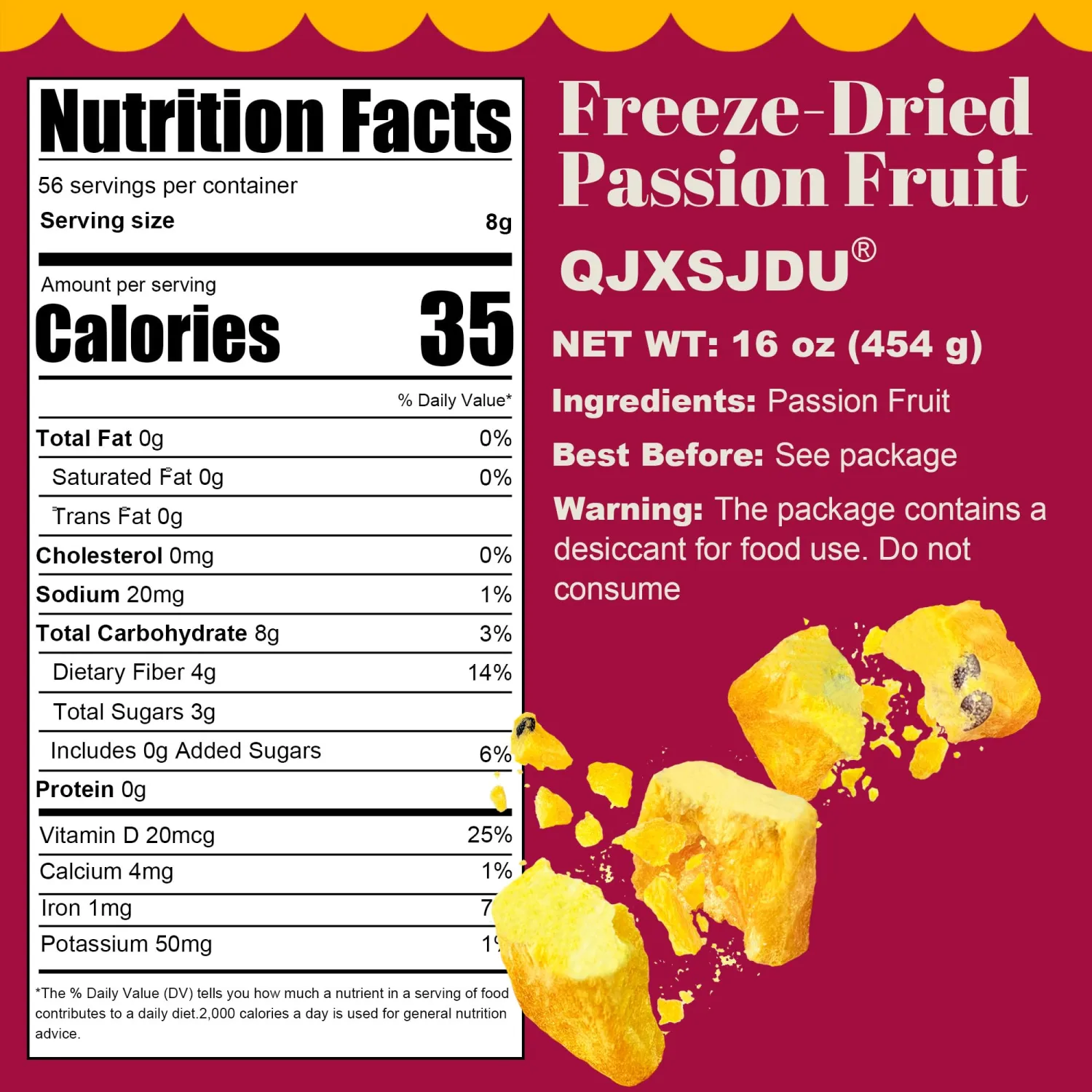 48oz Freeze Dried Passion Fruit Chunks, Bulk Sugar Free Dry Fruits Snacks | Natural No Additives Snack Ideal for Tea Smoothie Oatmeal Salad Yogurt Baking Dessert Camping Trips & Office