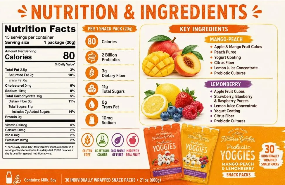 Nature Gardens Probiotic Yogurt Fruit Bites Variety Pack, Mango Peach & Lemon Berry, 30 Single Serve Snack Packs, 2 Billion Probiotics, Fiber Snack, Gluten Free, Non-GMO