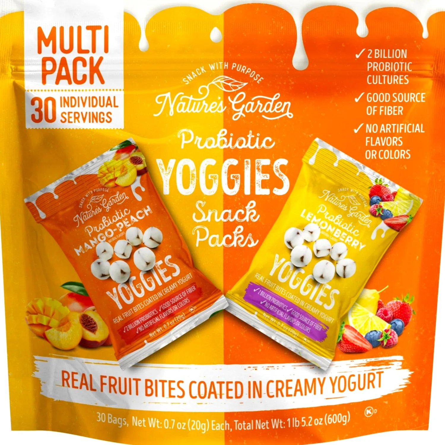 Nature Gardens Probiotic Yogurt Fruit Bites Variety Pack, Mango Peach & Lemon Berry, 30 Single Serve Snack Packs, 2 Billion Probiotics, Fiber Snack, Gluten Free, Non-GMO