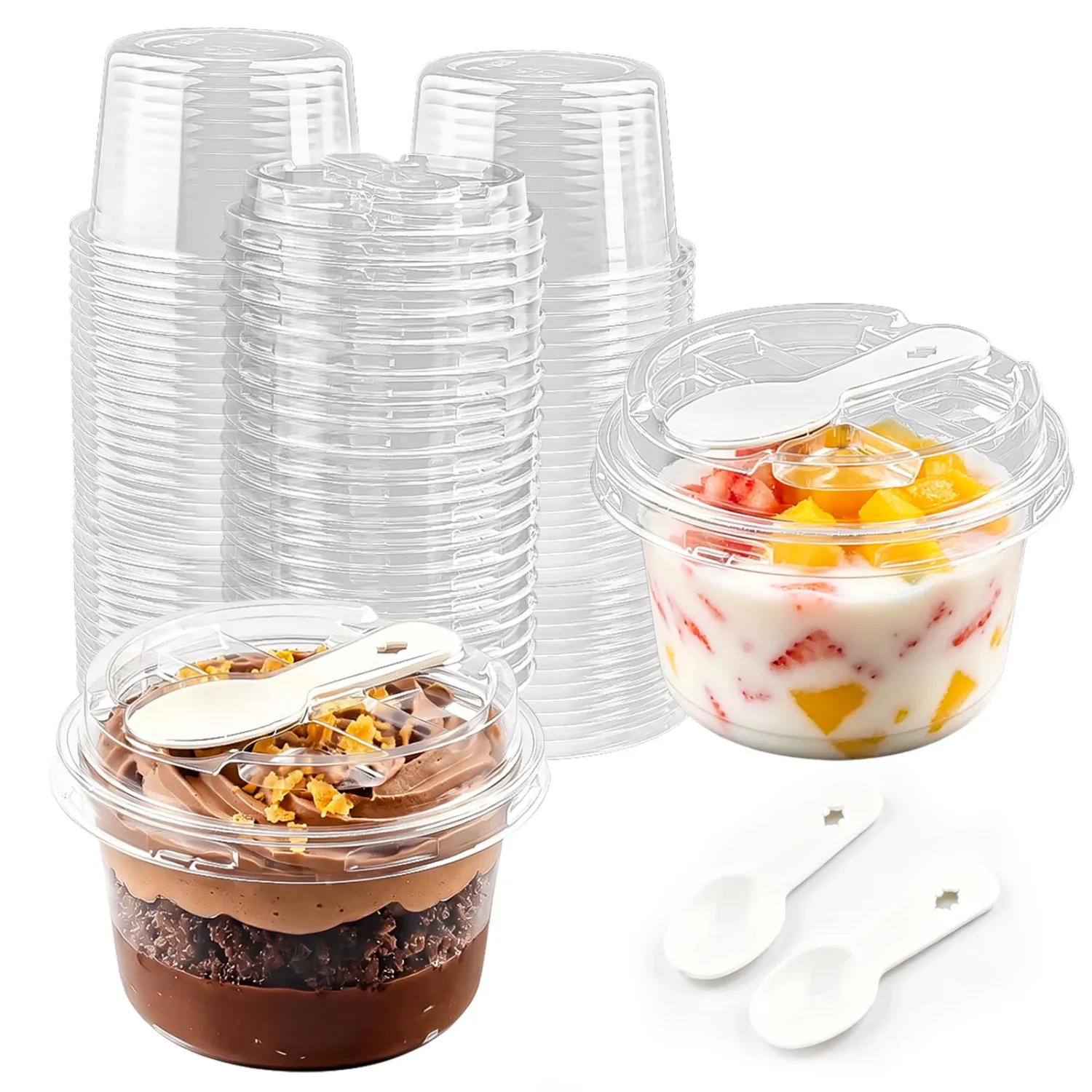 Qsqwsuye 5oz Clear PET Disposable Plastic Cups with Lids & Built-in Spoon Slot, 25 Pack Single Serve Yogurt Pudding Dessert To Go Cups