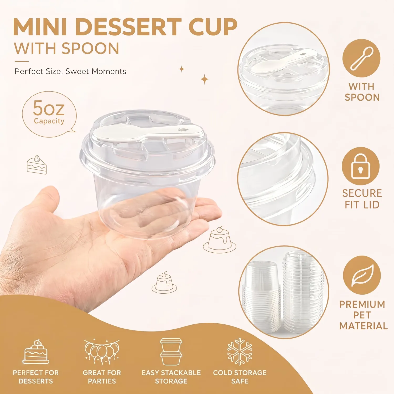 Qsqwsuye 5oz Clear PET Disposable Plastic Cups with Lids & Built-in Spoon Slot, 50 Pack Single Serve Yogurt Pudding Dessert To Go Cups