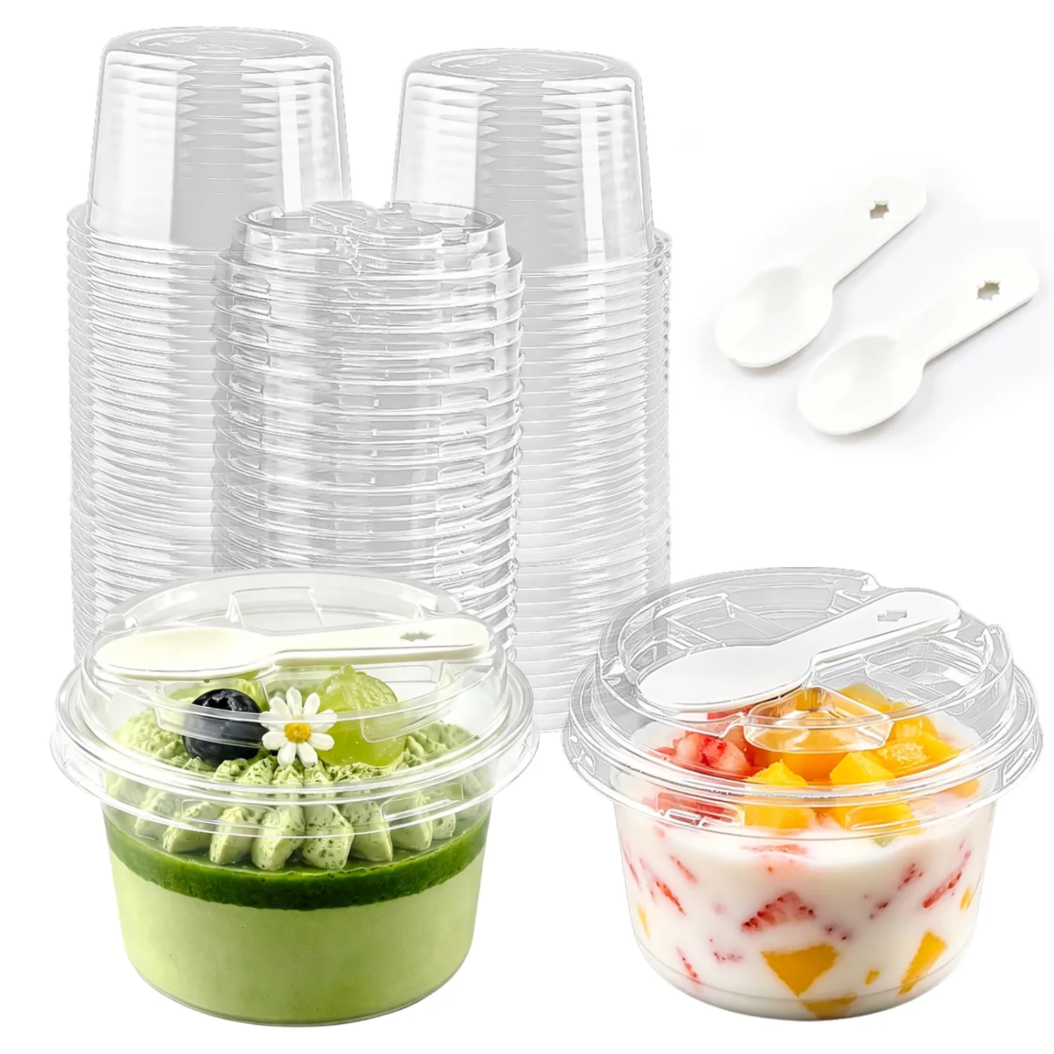 Qsqwsuye 5oz Clear PET Disposable Plastic Cups with Lids & Built-in Spoon Slot, 50 Pack Single Serve Yogurt Pudding Dessert To Go Cups