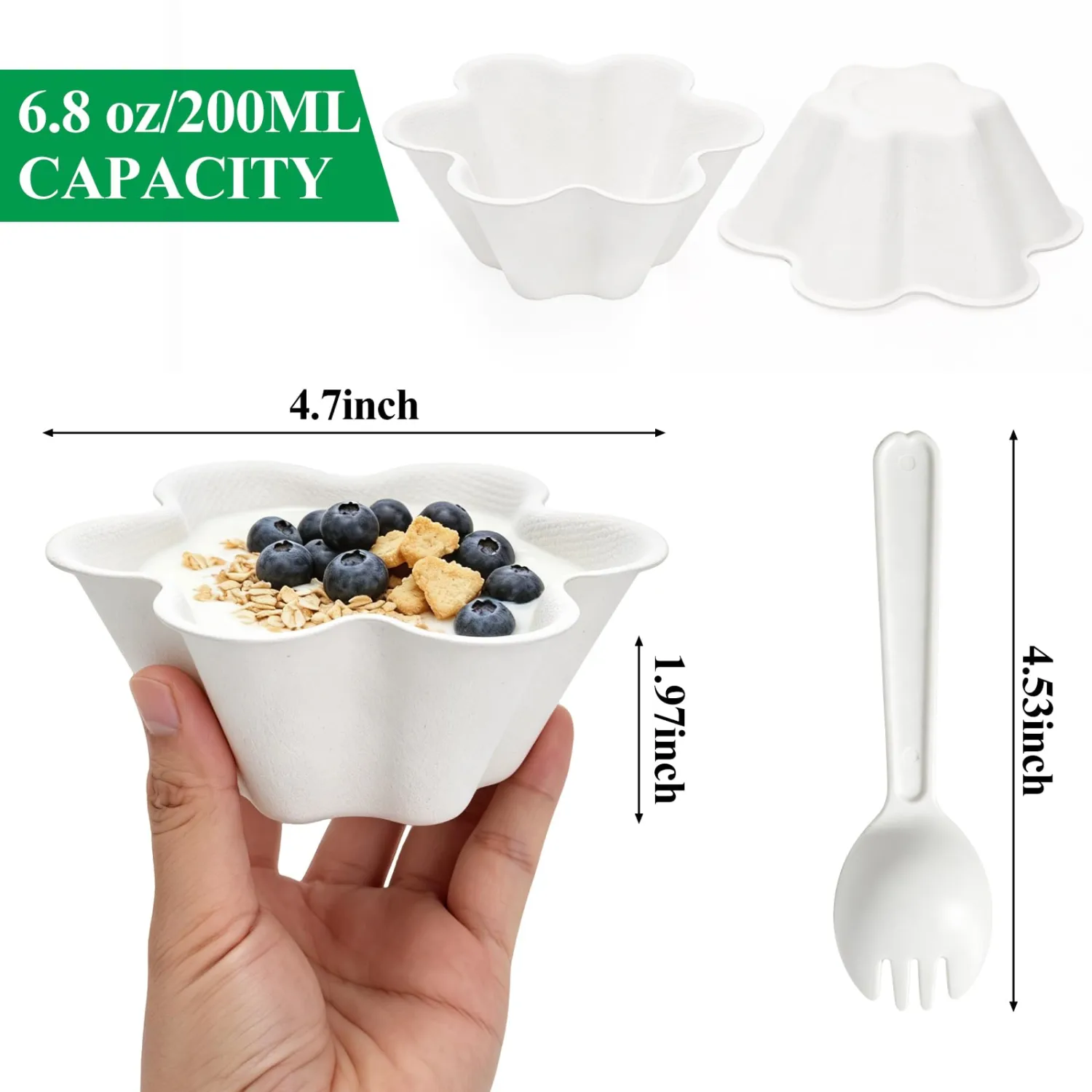 50 Pack Disposable Ice Cream Bowls with Spoons, 6.8 oz Paper Dessert Cups for Frozen Yogurt, Sundae, Snack, Soup, and Summer Party Supplies Flower-Shaped Paper Cups, BPA-Free White