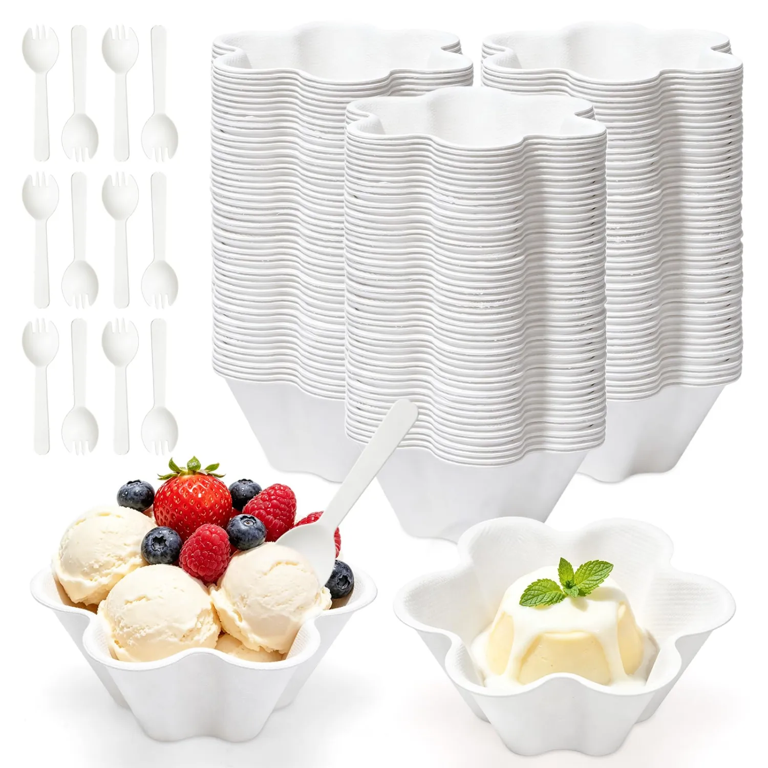 50 Pack Disposable Ice Cream Bowls with Spoons, 6.8 oz Paper Dessert Cups for Frozen Yogurt, Sundae, Snack, Soup, and Summer Party Supplies Flower-Shaped Paper Cups, BPA-Free White