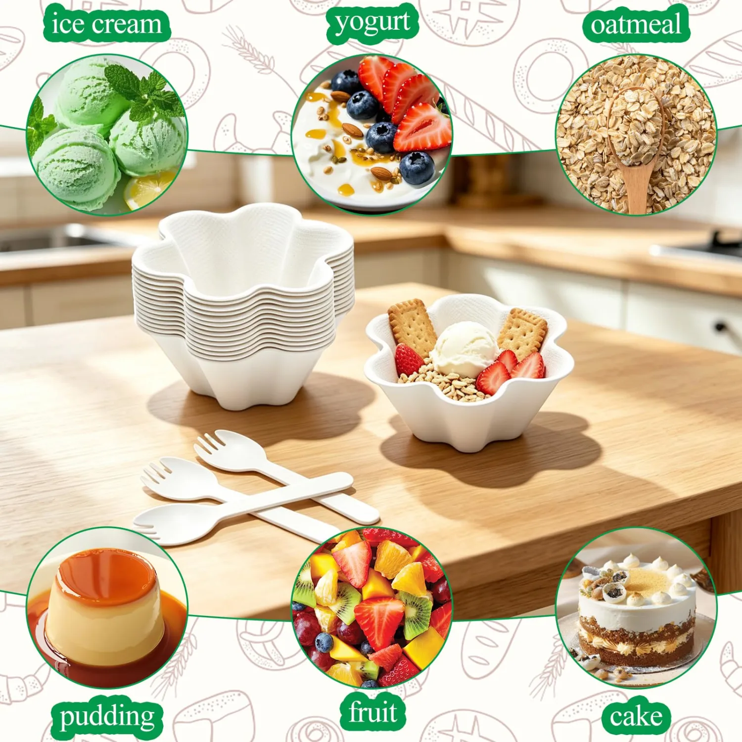 50 Pack Disposable Ice Cream Bowls with Spoons, 6.8 oz Paper Dessert Cups for Frozen Yogurt, Sundae, Snack, Soup, and Summer Party Supplies Flower-Shaped Paper Cups, BPA-Free White