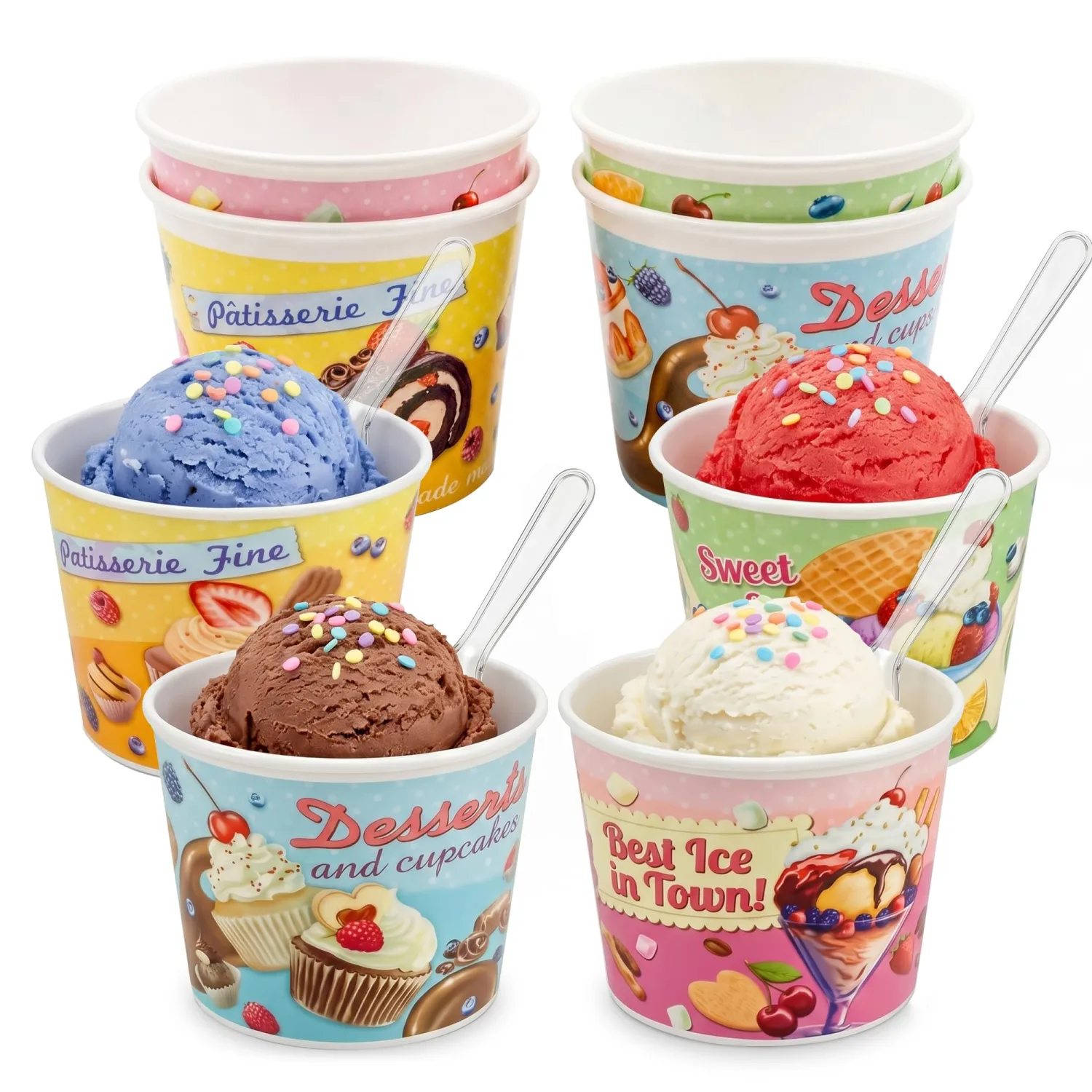 Ice Cream Bowls Set with Spoons, 8-Piece Dessert Bowl Set | Reusable Shatterproof Plastic Dessert Cups for Ice Cream, Frozen Yogurt, Snacks, Kids, Parties and Everyday Treats