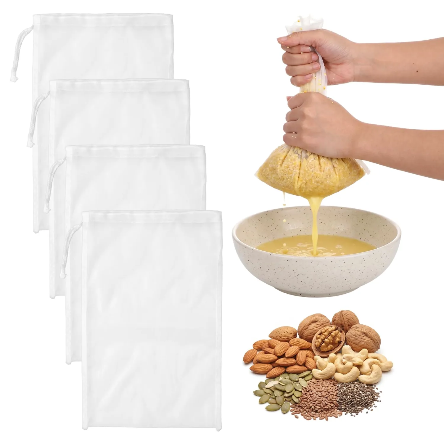 4Pcs Strainer Bags For Juicing, Nylon Juicer Bags For Cast Iron Juicer 8×12 | 200-mesh fine cloth strainer for juicing, works for juicing, nut milk, cold brew, yogurt and cheese straining.