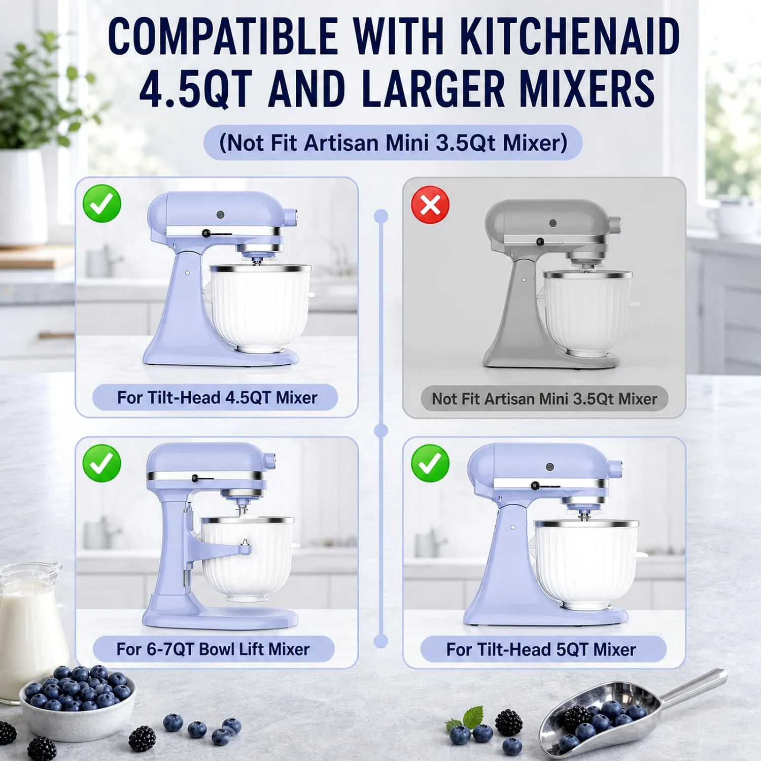 GVODE Ice Cream Maker Attachment for KitchenAid Stand Mixer, 2 Qt Bowl Kit | 2 Qt Freezer Bowl Kit for 4.5qt and Larger Stand Mixers, with Dasher and Drive Assembly for Gelato, Sorbet and Frozen Yogurt