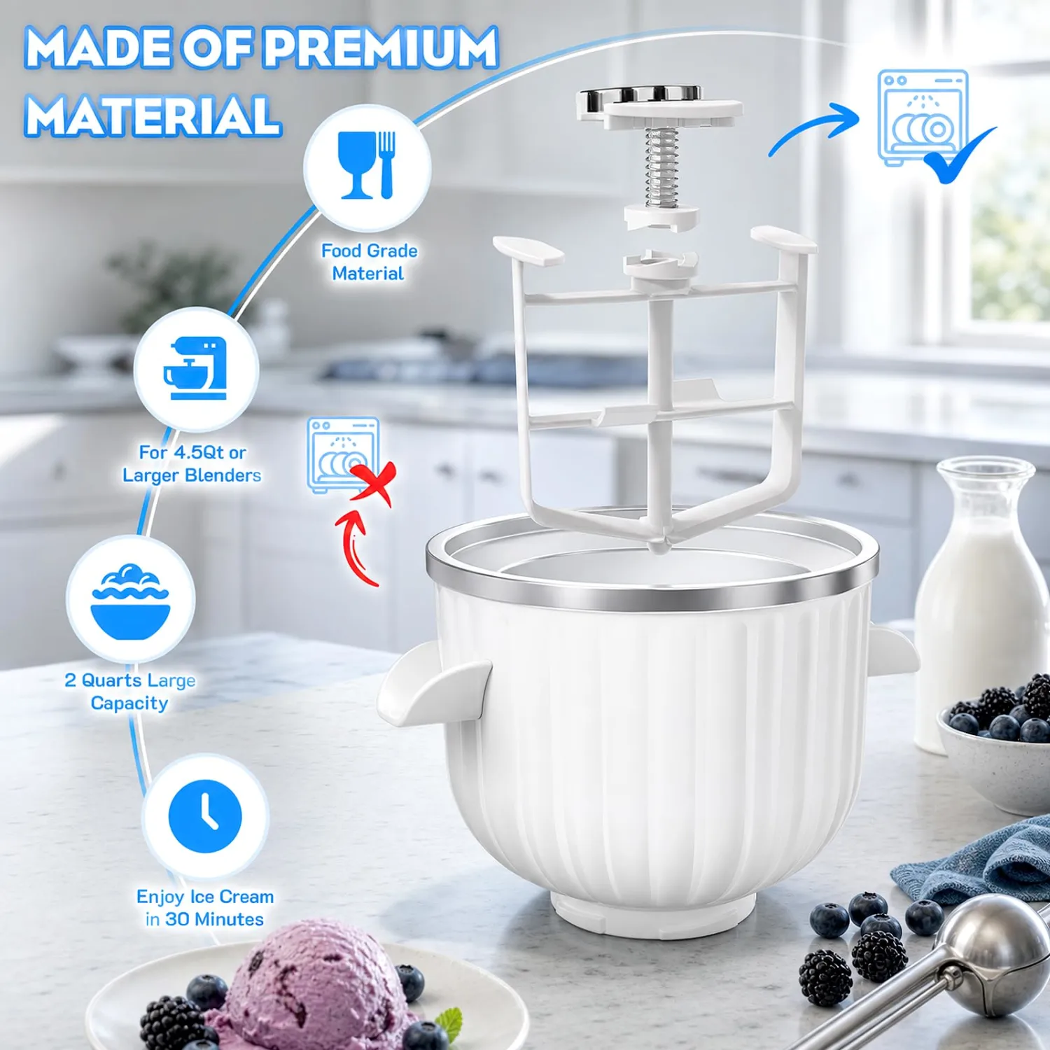 GVODE Ice Cream Maker Attachment for KitchenAid Stand Mixer, 2 Qt Bowl Kit | 2 Qt Freezer Bowl Kit for 4.5qt and Larger Stand Mixers, with Dasher and Drive Assembly for Gelato, Sorbet and Frozen Yogurt