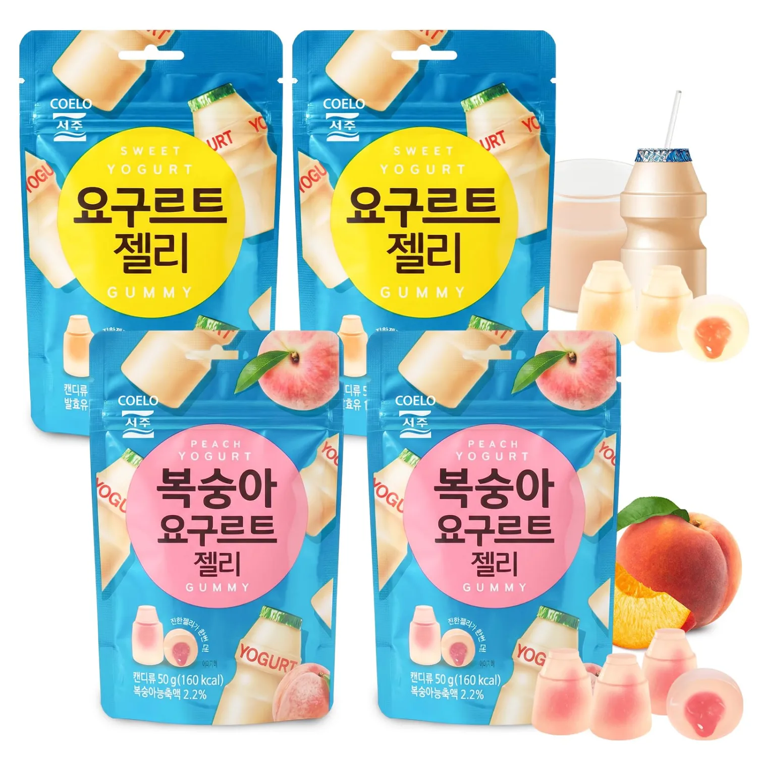 COELO Korean Yogurt Jelly - Assorted (Yogurt 2Pack + Peach 2Pack) Double Layer with Soft Filling, Fun Bottle Shape Chewy Gummy Dessert Treats, Convenient On-the-Go Resealable Pouch (1.76oz x 4 Pack)