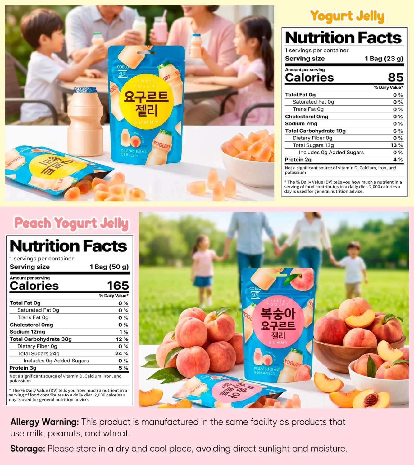 COELO Korean Yogurt Jelly - Assorted (Yogurt 2Pack + Peach 2Pack) Double Layer with Soft Filling, Fun Bottle Shape Chewy Gummy Dessert Treats, Convenient On-the-Go Resealable Pouch (1.76oz x 4 Pack)