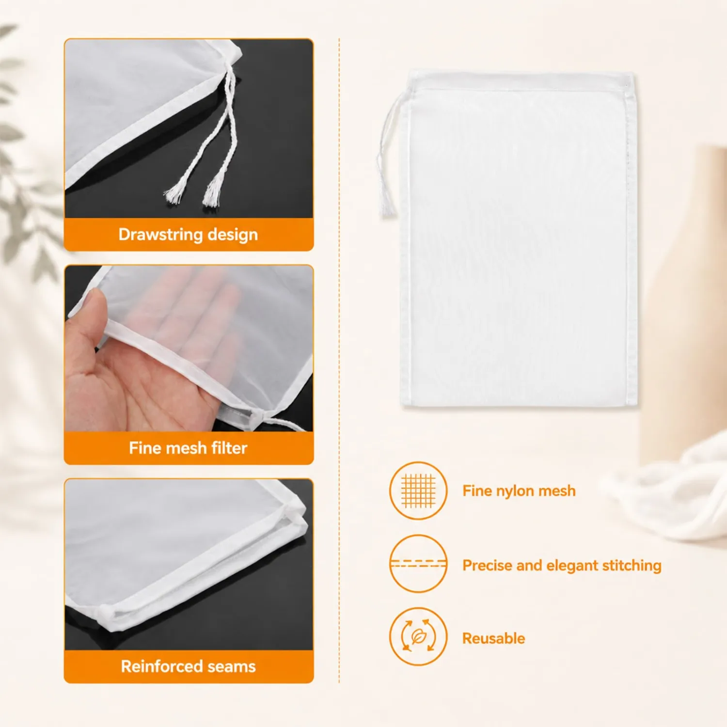 Jeffdad 10 Pcs Nylon Nut Milk Bag, White Nylon Straining Bag 7.8 × 6Inch Nut Bag Strainer Reusable Nylon Mesh Bags 200 Mesh Drawstring Bags for Straining Fruit Juice, Yogurt, Nut Milk, Coffee & Cheese
