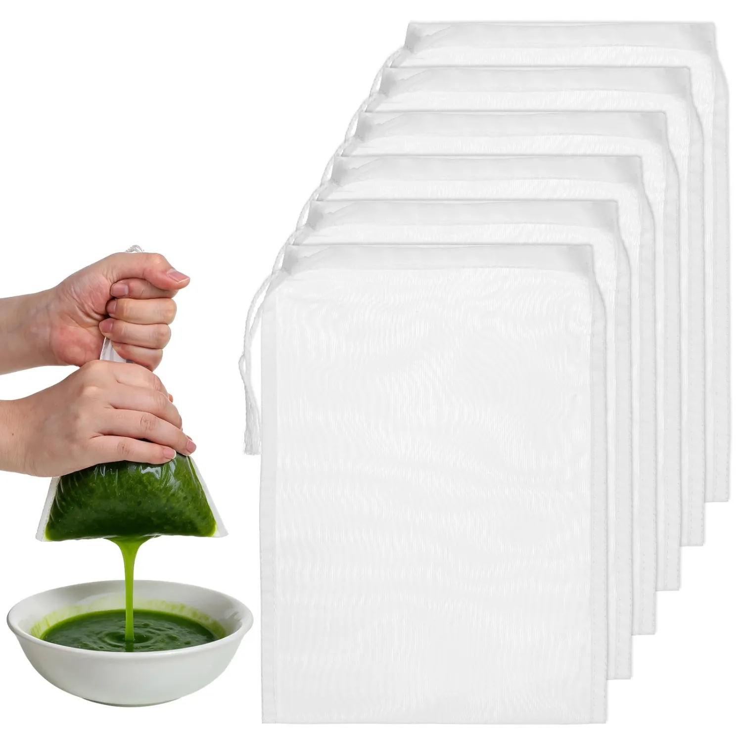 Jeffdad 10 Pcs Nylon Nut Milk Bag, White Nylon Straining Bag 7.8 × 6Inch Nut Bag Strainer Reusable Nylon Mesh Bags 200 Mesh Drawstring Bags for Straining Fruit Juice, Yogurt, Nut Milk, Coffee & Cheese