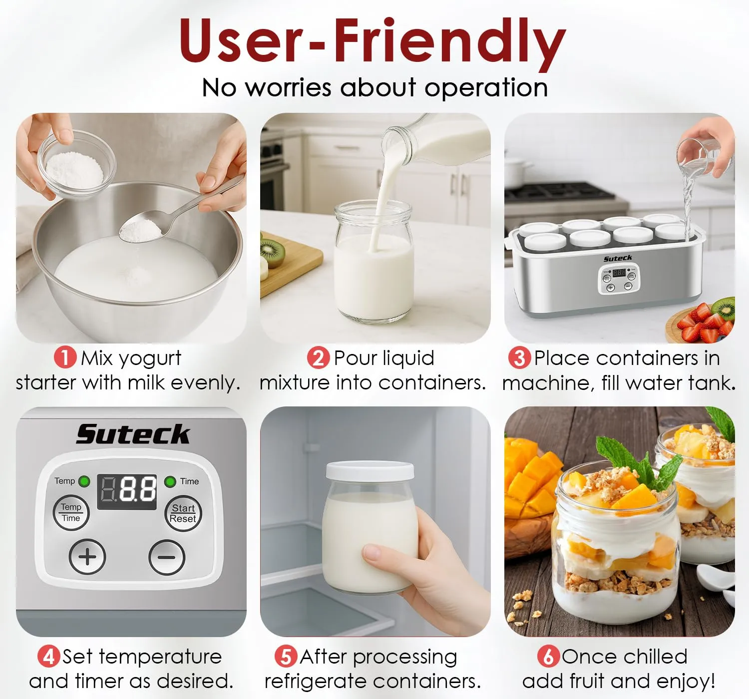 Suteck 8-Jar Yogurt Maker, Time & Temp Adjustable, Auto Shutoff, White | 48oz Total Capacity, 6oz Each | 0-48H Timer & 68-131°F | BPA-Free Glass, Dishwasher-Safe | Greek Yogurt, Cheese & More