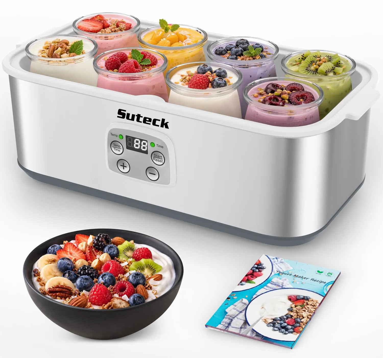 Suteck 8-Jar Yogurt Maker, Time & Temp Adjustable, Auto Shutoff, White | 48oz Total Capacity, 6oz Each | 0-48H Timer & 68-131°F | BPA-Free Glass, Dishwasher-Safe | Greek Yogurt, Cheese & More