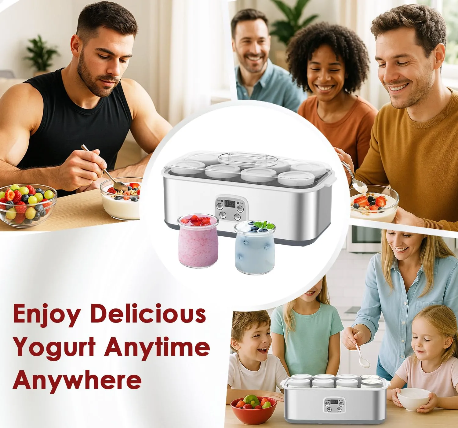 Suteck 8-Jar Yogurt Maker, Time & Temp Adjustable, Auto Shutoff, White | 48oz Total Capacity, 6oz Each | 0-48H Timer & 68-131°F | BPA-Free Glass, Dishwasher-Safe | Greek Yogurt, Cheese & More