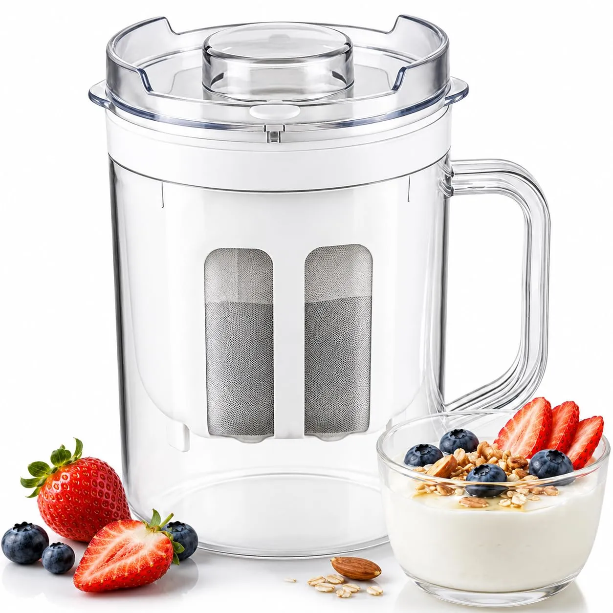 1100 mL Greek Yogurt Strainer with Lid, Handle and Fine-Mesh Whey Separator | 37 oz pitcher with lid, handle and fine-mesh filter for homemade Greek yogurt, labneh, nut milk and cold brew coffee