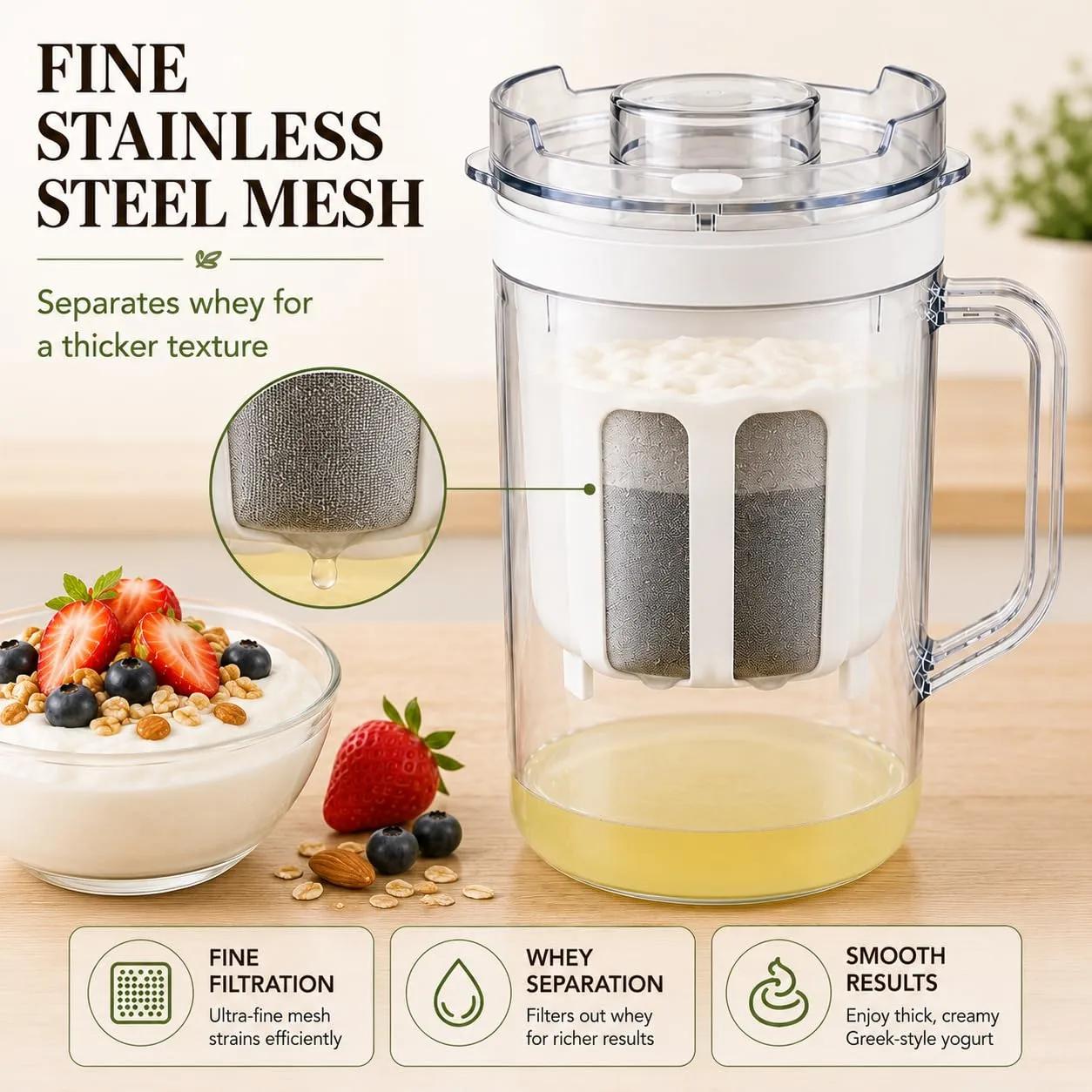 1100 mL Greek Yogurt Strainer with Lid, Handle and Fine-Mesh Whey Separator | 37 oz pitcher with lid, handle and fine-mesh filter for homemade Greek yogurt, labneh, nut milk and cold brew coffee