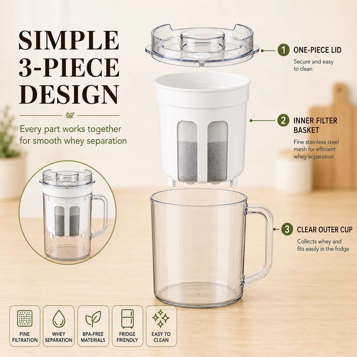 1100 mL Greek Yogurt Strainer with Lid, Handle and Fine-Mesh Whey Separator | 37 oz pitcher with lid, handle and fine-mesh filter for homemade Greek yogurt, labneh, nut milk and cold brew coffee