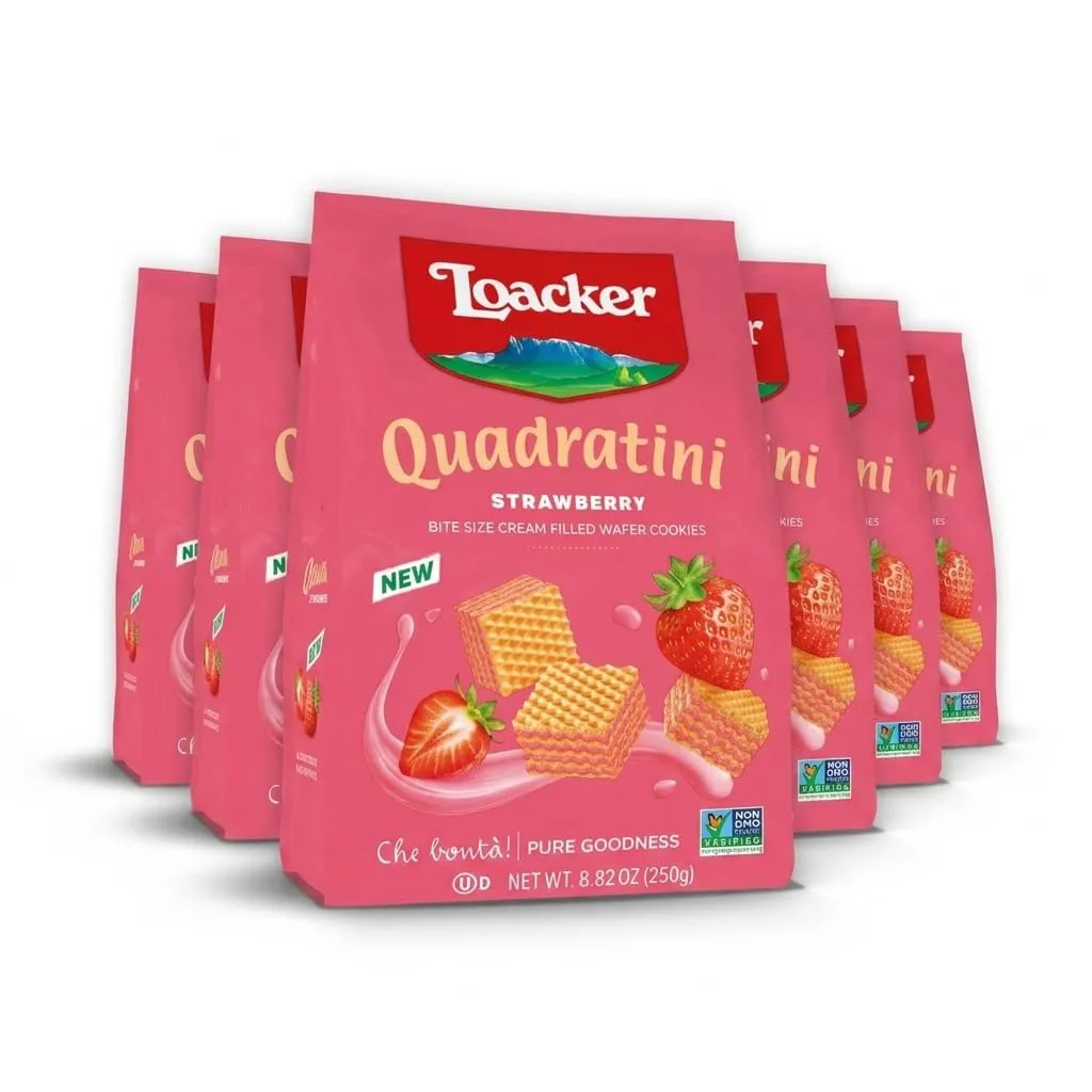 Loacker Quadratini Strawberry Wafer Cookies, 30% Less Sugar, 6-Pack