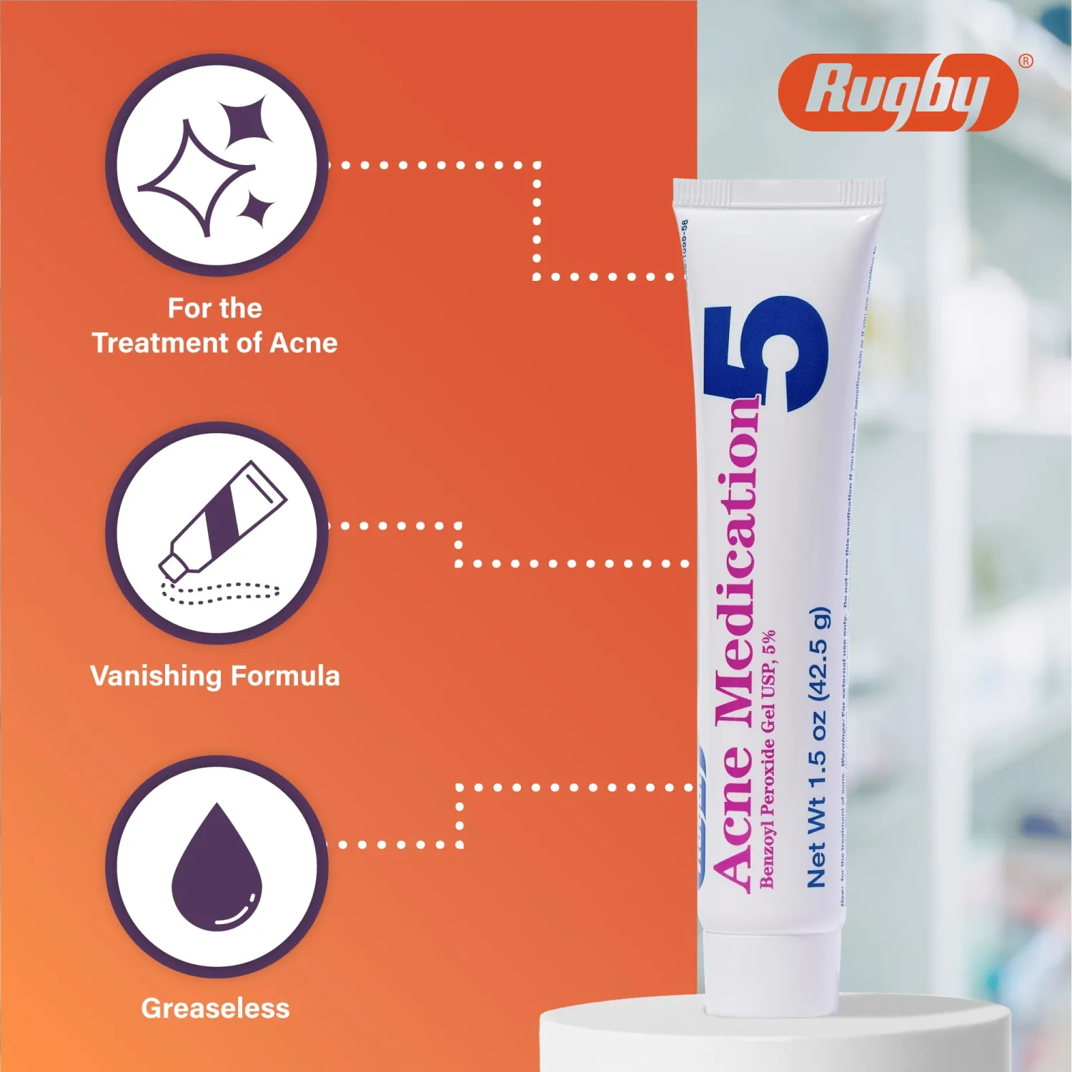 Rugby Acne Medication - Benzoyl Peroxide Gel USP 5% - Vanishing Formula - Greaseless - Helps to Clear Up Acne Pimples - 1.5 Oz. (2 Pack)