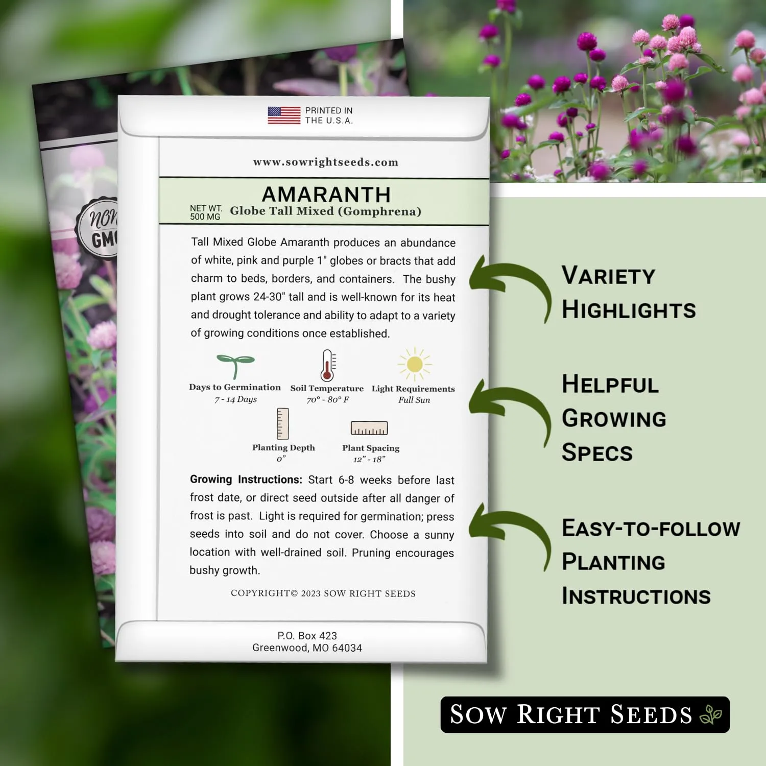 Sow Right Seeds - Tall Mixed Globe Amaranth Seed for Planting Gomphrena 2pk | Plant annual drought-tolerant non-GMO heirloom in outdoor garden and cut flower bouquet. Grow outside to attract pollinators.