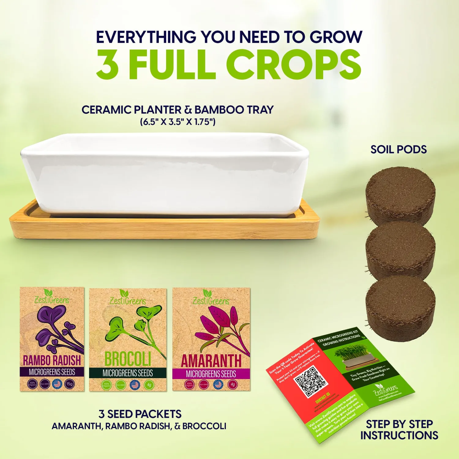 Microgreens Growing Kit, Ceramic Tray with Broccoli, Radish & Amaranth | Ceramic indoor kit with red amaranth, purple radish and broccoli seeds for fresh homegrown microgreens.