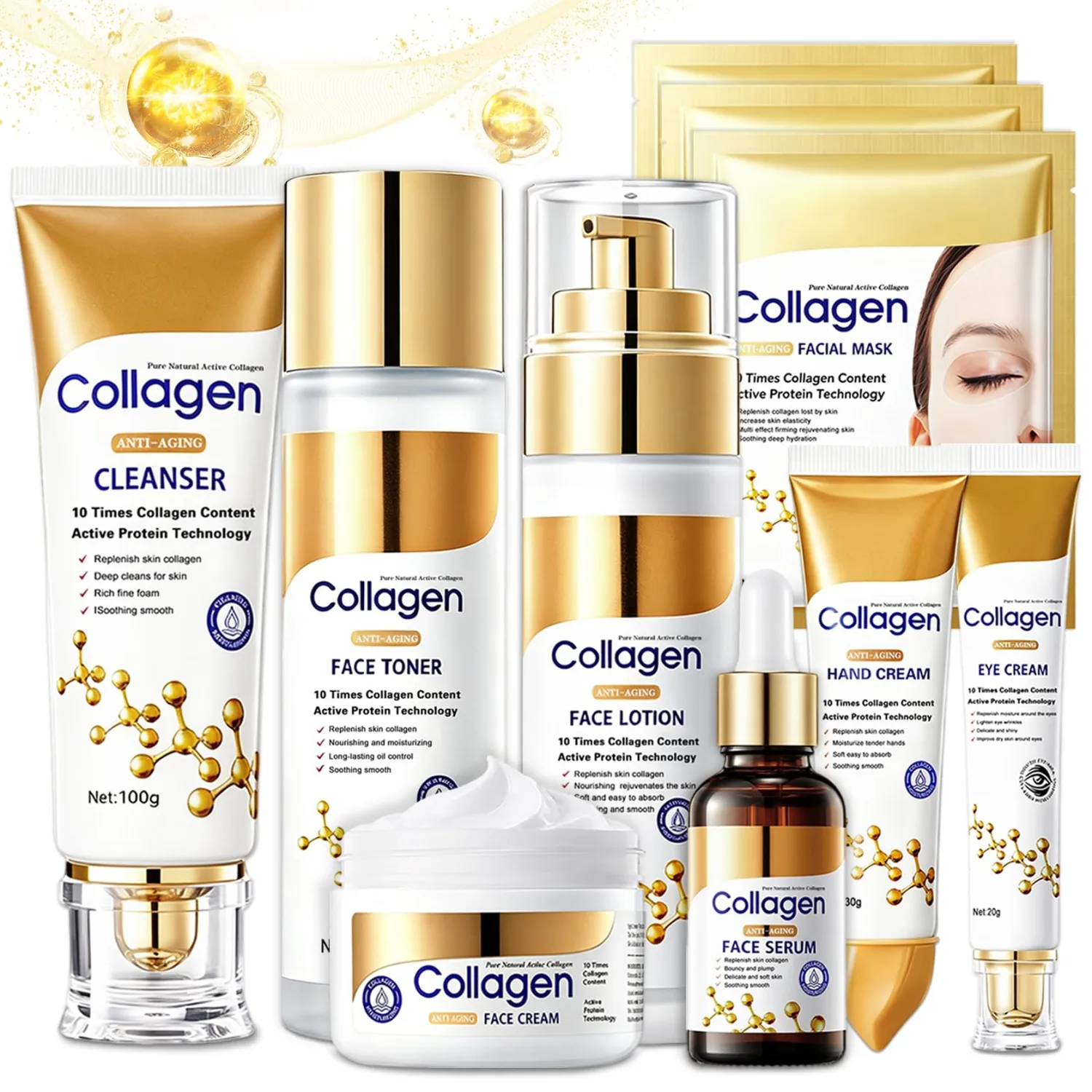 10PCS Collagen Skin Care Set,Anti Aging Facial Skincare Set for Women | Moisturizing Skin Care,Smooth Wrinkles,Shrink Pores,Long-lasting Oil Control,Firming Skin,Face Care Set for Older Women