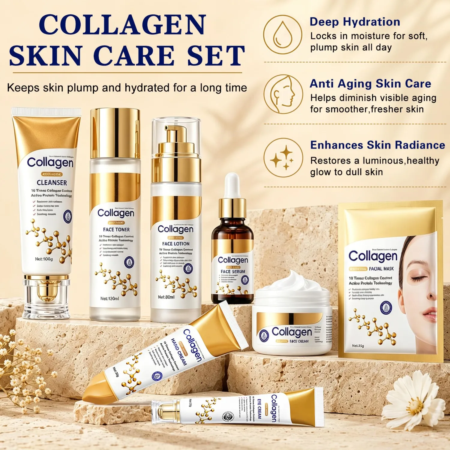 10PCS Collagen Skin Care Set,Anti Aging Facial Skincare Set for Women | Moisturizing Skin Care,Smooth Wrinkles,Shrink Pores,Long-lasting Oil Control,Firming Skin,Face Care Set for Older Women