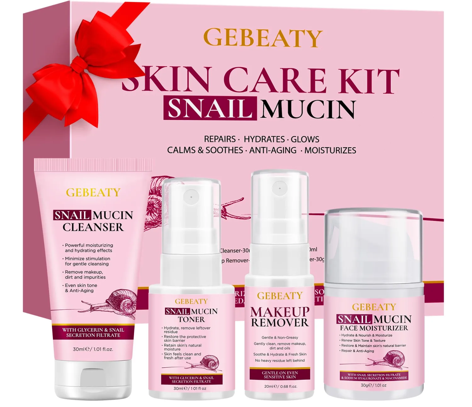 Snail Mucin Skincare Set, 4 Step Routine for Hydrated & Firm-Looking Skin | Gentle Makeup Remover, Cleanser, Toner & Moisturizer for All Skin Types, Travel Essentials & Beauty Gifts for Women & Teens