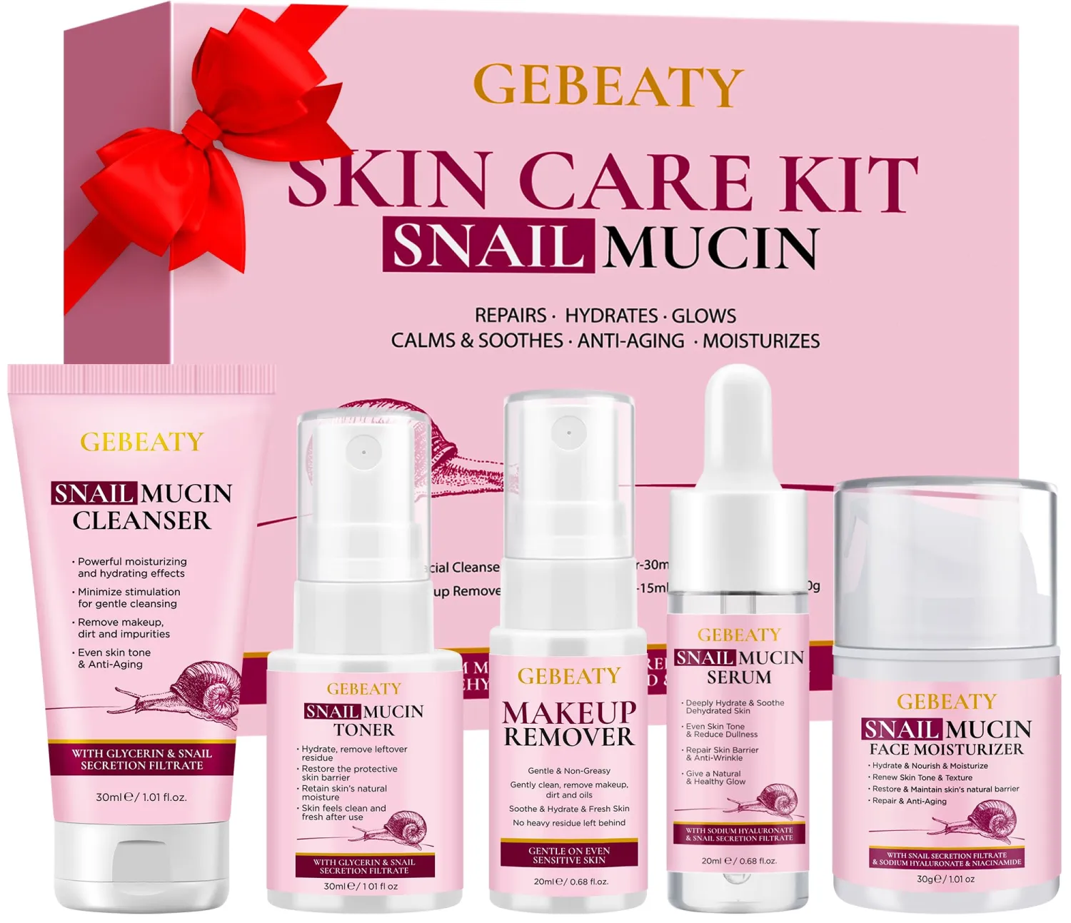 Skin Care Set, 5-Piece Hydrating & Soothing Snail Mucin Skincare Routine | Powered by Premium Korean Snail Secretion Filtrate to Repair,Restore & Soothe Dry,Dull or Damaged Skin,Perfect Gift for Women