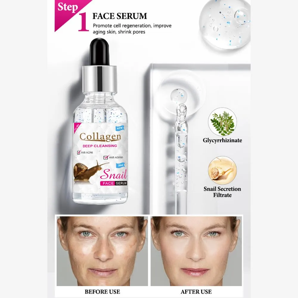 DISAAR BEAUTY Collagen Snail Skin Care Set 5pcs Wash Serum Cream