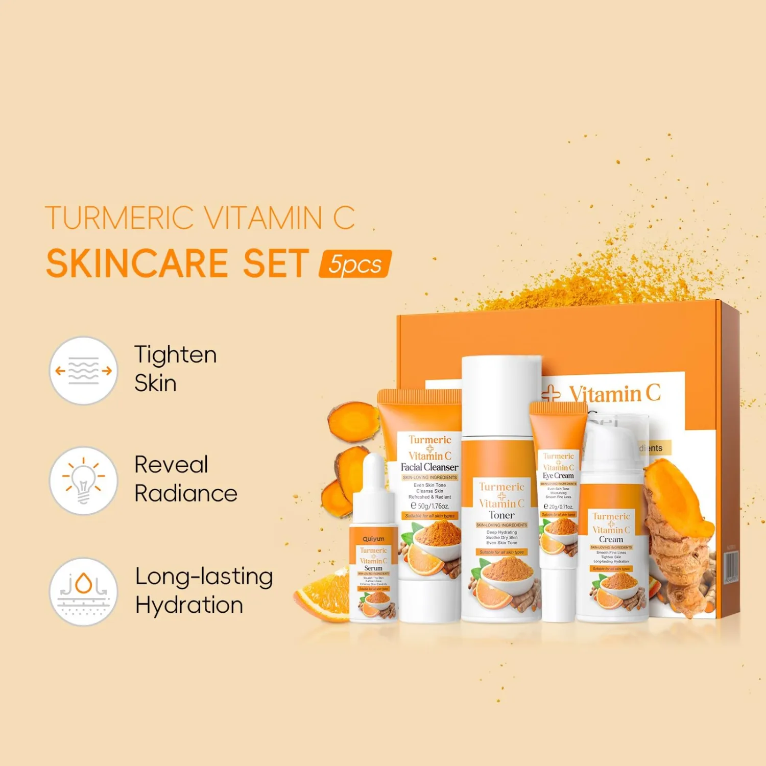 Turmeric Skin Care Set, Turmeric Skin Care Gift Set with Facial Cleanser, Toner, Serum, Eye Cream, Moisturizer, Turmeric Skin Care Kit, Face Cream Travel Kit for Women Teen Girls Mom Daughter Birthday