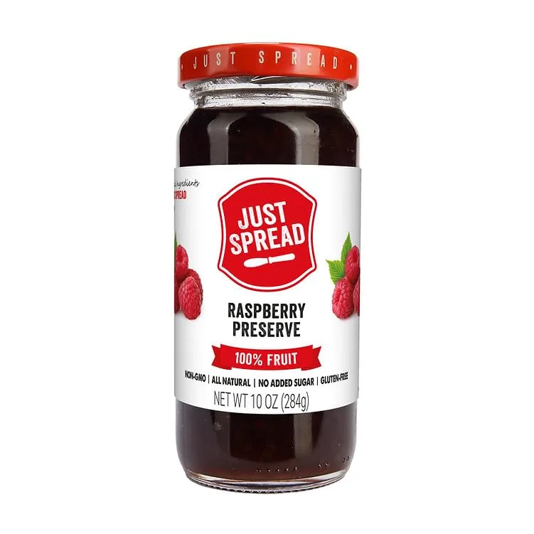 Just Spread 100% Fruit Preserve, Raspberry, 10 oz Jar | Made with Real Fruit Pieces, No Added Sugar, Only 4 Ingredients, Gluten Free, Vegan, Non GMO