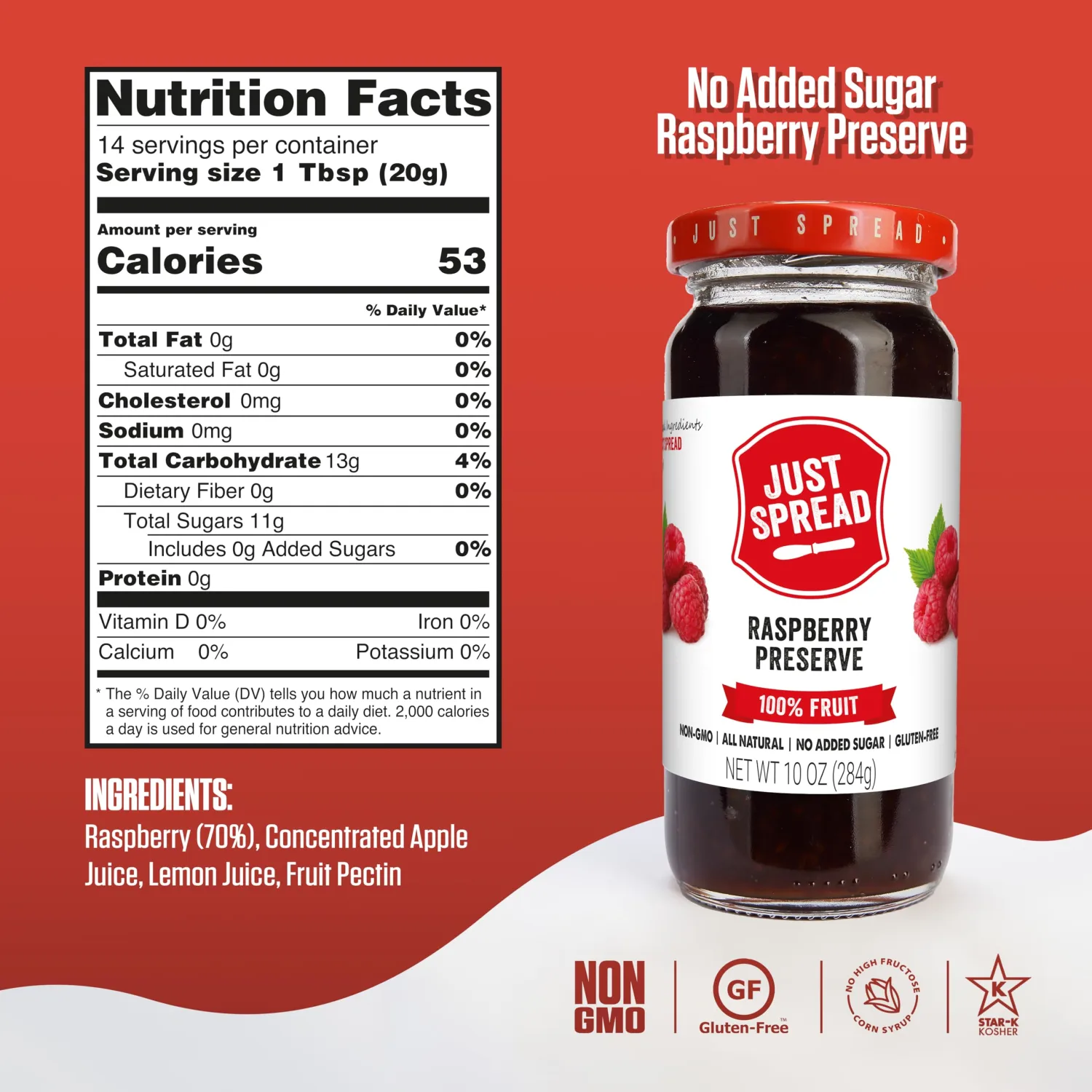 Just Spread 100% Fruit Preserve, Raspberry, 10 oz Jar | Made with Real Fruit Pieces, No Added Sugar, Only 4 Ingredients, Gluten Free, Vegan, Non GMO